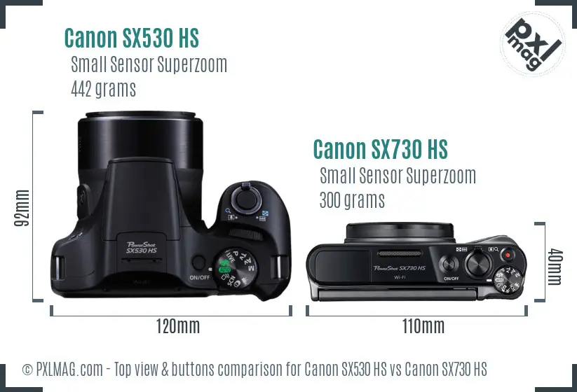 Canon SX530 HS vs Canon SX730 HS top view buttons comparison