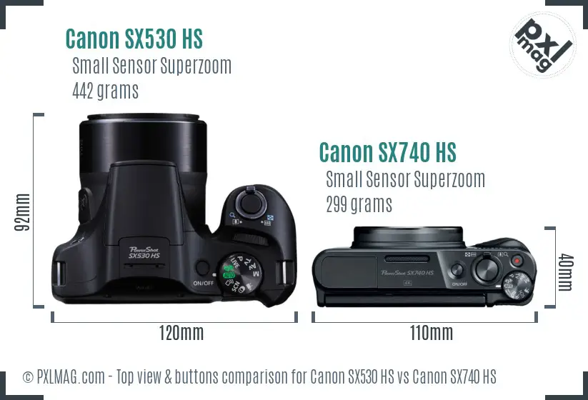 Canon SX530 HS vs Canon SX740 HS top view buttons comparison