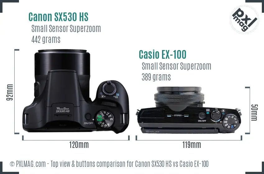 Canon SX530 HS vs Casio EX-100 top view buttons comparison Canon SX530 HS vs Casio EX-100 top view buttons comparison
