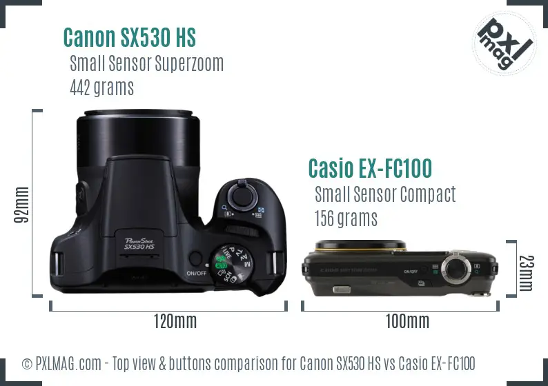 Canon SX530 HS vs Casio EX-FC100 top view buttons comparison
