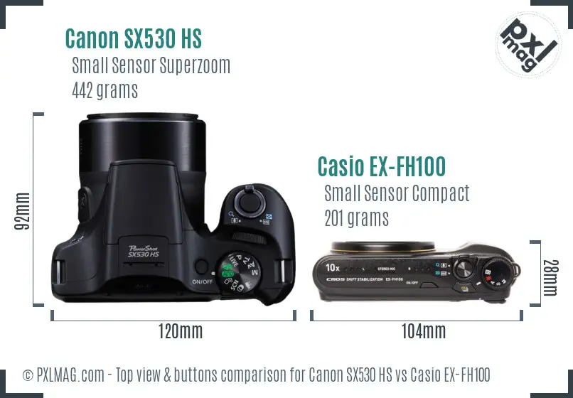 Canon SX530 HS vs Casio EX-FH100 top view buttons comparison