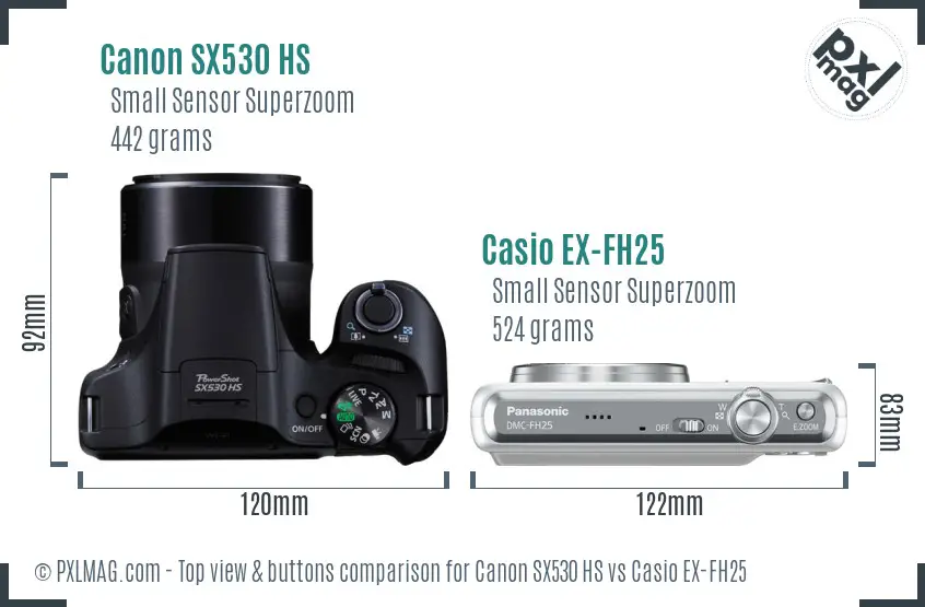 Canon SX530 HS vs Casio EX-FH25 top view buttons comparison
