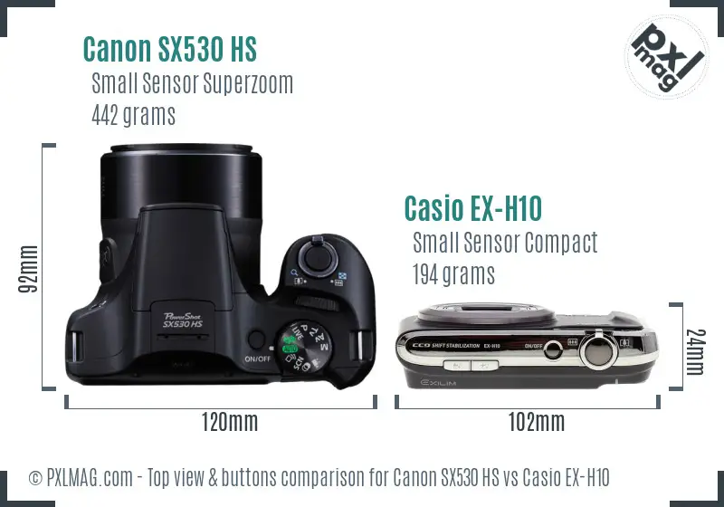 Canon SX530 HS vs Casio EX-H10 top view buttons comparison Canon SX530 HS vs Casio EX-H10 top view buttons comparison