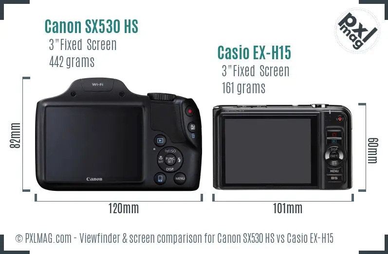 Canon SX530 HS vs Casio EX-H15 Screen and Viewfinder comparison