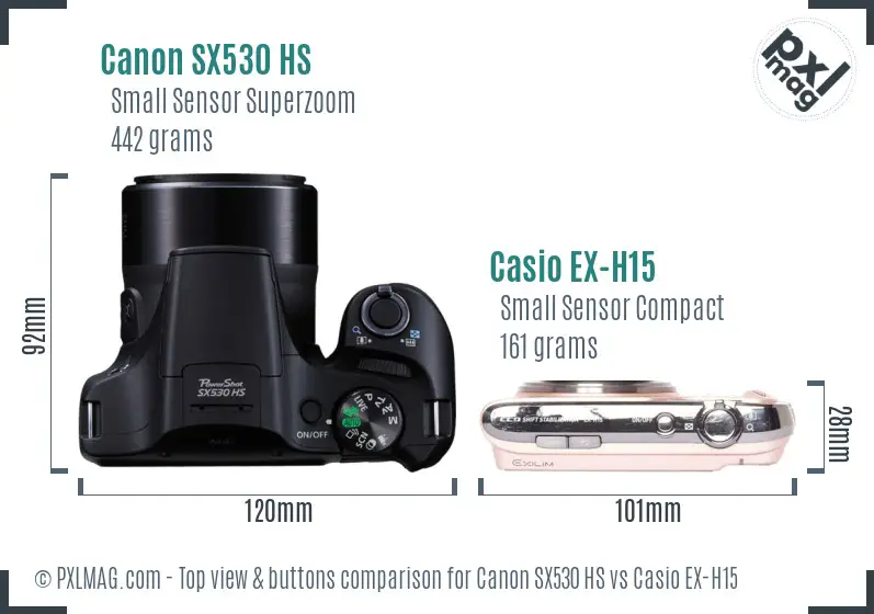 Canon SX530 HS vs Casio EX-H15 top view buttons comparison