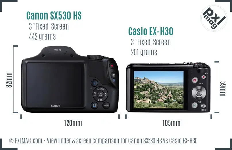 Canon SX530 HS vs Casio EX-H30 Screen and Viewfinder comparison