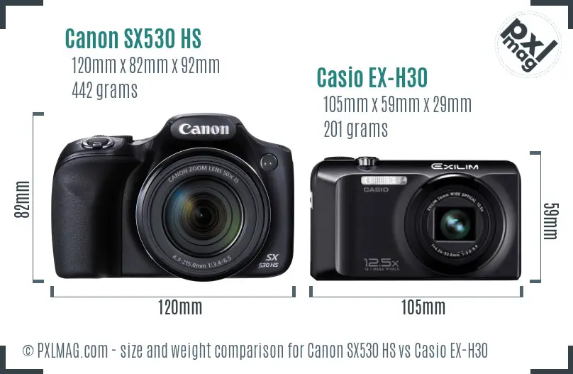 Canon SX530 HS vs Casio EX-H30 size comparison