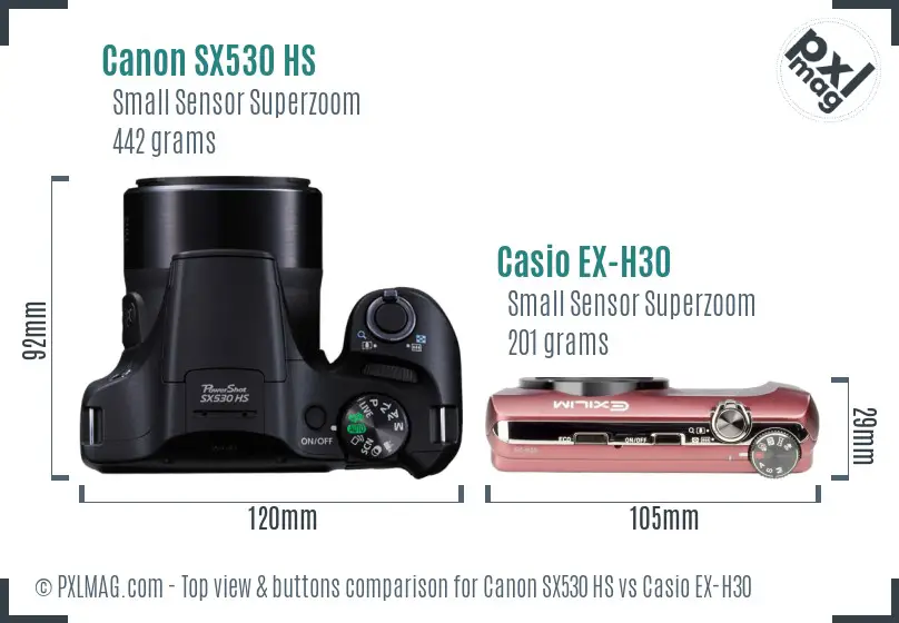 Canon SX530 HS vs Casio EX-H30 top view buttons comparison