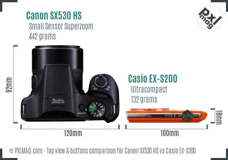 Canon SX530 HS vs Casio EX-S200 top view buttons comparison