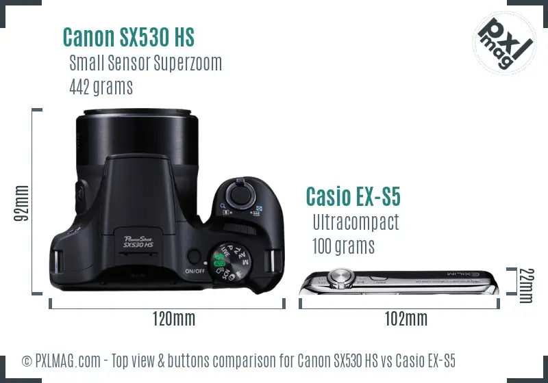 Canon SX530 HS vs Casio EX-S5 top view buttons comparison