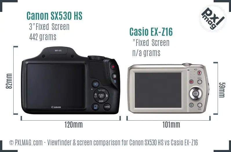 Canon SX530 HS vs Casio EX-Z16 Screen and Viewfinder comparison