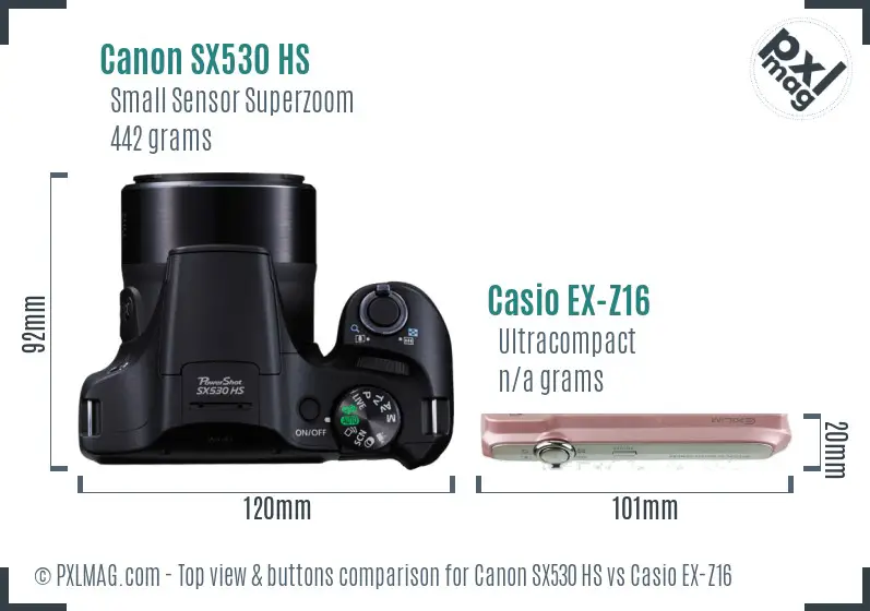 Canon SX530 HS vs Casio EX-Z16 top view buttons comparison