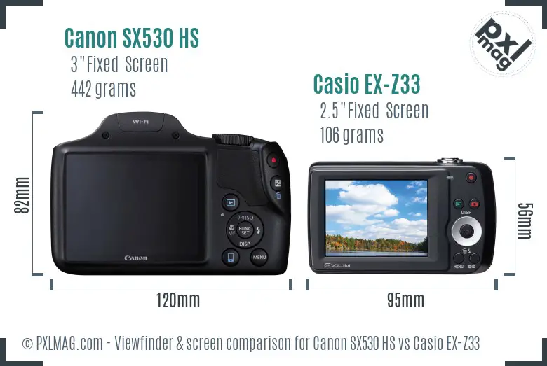 Canon SX530 HS vs Casio EX-Z33 Screen and Viewfinder comparison