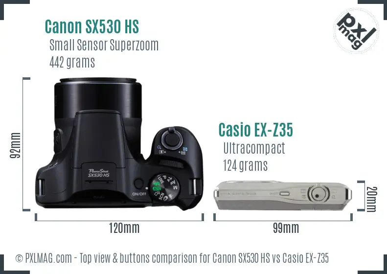 Canon SX530 HS vs Casio EX-Z35 top view buttons comparison Canon SX530 HS vs Casio EX-Z35 top view buttons comparison