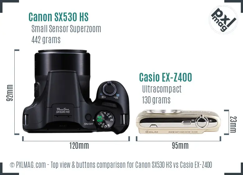 Canon SX530 HS vs Casio EX-Z400 top view buttons comparison Canon SX530 HS vs Casio EX-Z400 top view buttons comparison