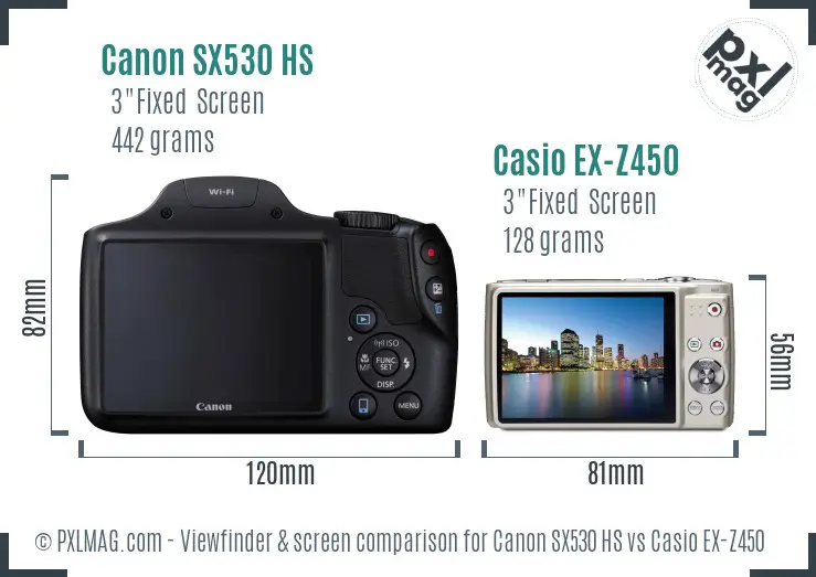 Canon SX530 HS vs Casio EX-Z450 Screen and Viewfinder comparison