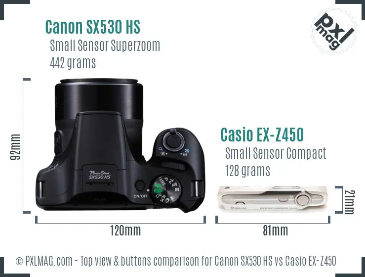 Canon SX530 HS vs Casio EX-Z450 top view buttons comparison