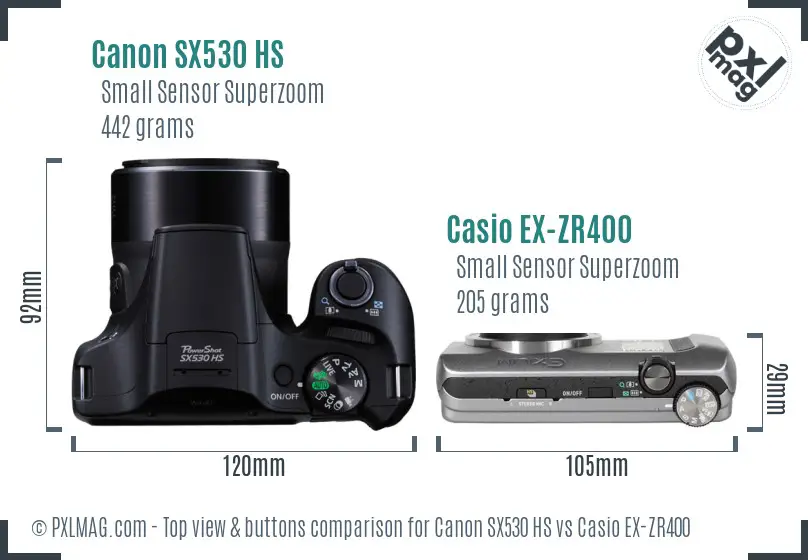 Canon SX530 HS vs Casio EX-ZR400 top view buttons comparison