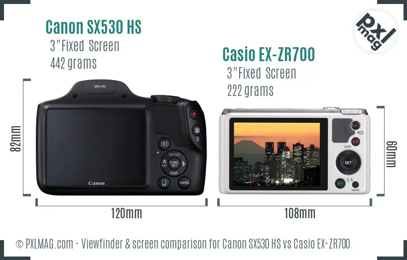 Canon SX530 HS vs Casio EX-ZR700 Screen and Viewfinder comparison