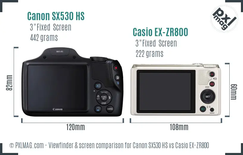 Canon SX530 HS vs Casio EX-ZR800 Screen and Viewfinder comparison