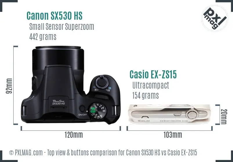 Canon SX530 HS vs Casio EX-ZS15 top view buttons comparison