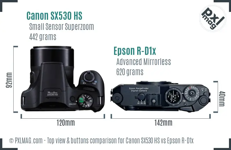 Canon SX530 HS vs Epson R-D1x top view buttons comparison Canon SX530 HS vs Epson R-D1x top view buttons comparison