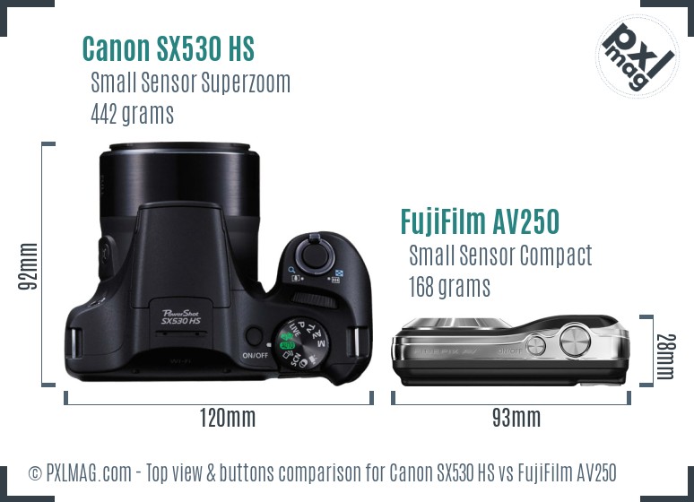 Canon SX530 HS vs FujiFilm AV250 top view buttons comparison