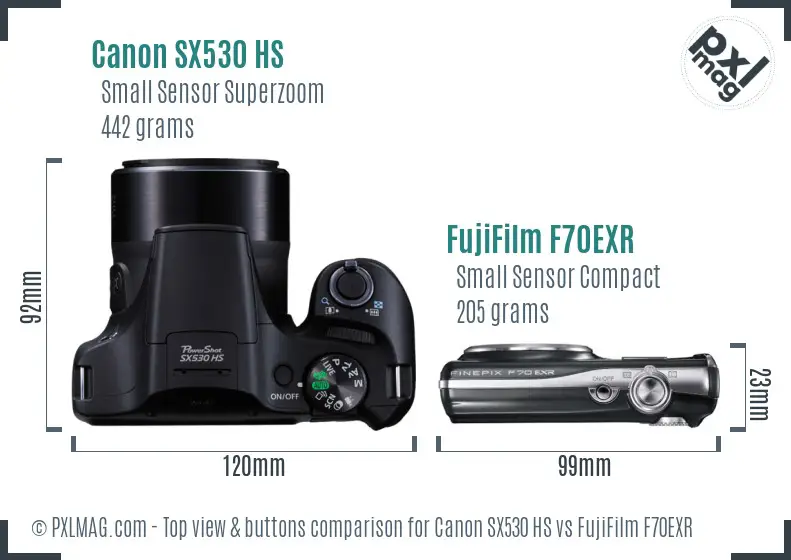 Canon SX530 HS vs FujiFilm F70EXR top view buttons comparison Canon SX530 HS vs FujiFilm F70EXR top view buttons comparison