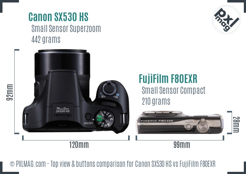 Canon SX530 HS vs FujiFilm F80EXR top view buttons comparison