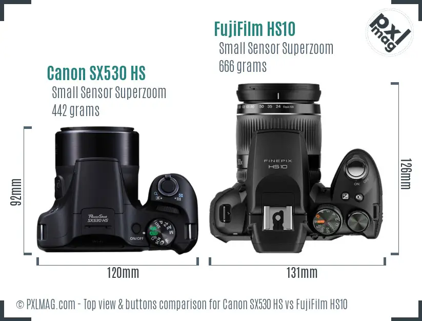 Canon SX530 HS vs FujiFilm HS10 top view buttons comparison