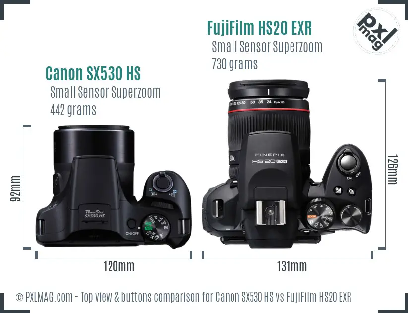 Canon SX530 HS vs FujiFilm HS20 EXR top view buttons comparison