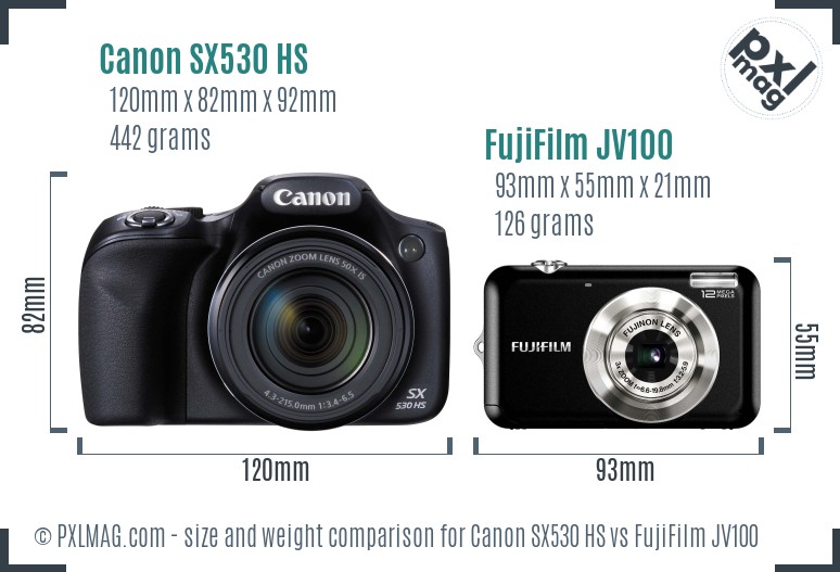 Canon SX530 HS vs FujiFilm JV100 size comparison