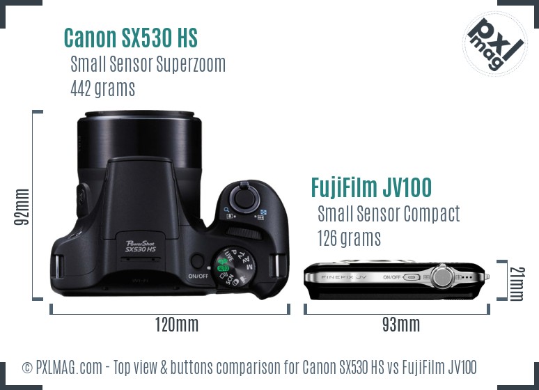 Canon SX530 HS vs FujiFilm JV100 top view buttons comparison