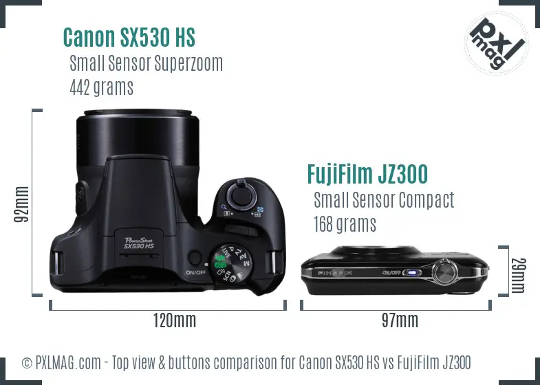 Canon SX530 HS vs FujiFilm JZ300 top view buttons comparison Canon SX530 HS vs FujiFilm JZ300 top view buttons comparison