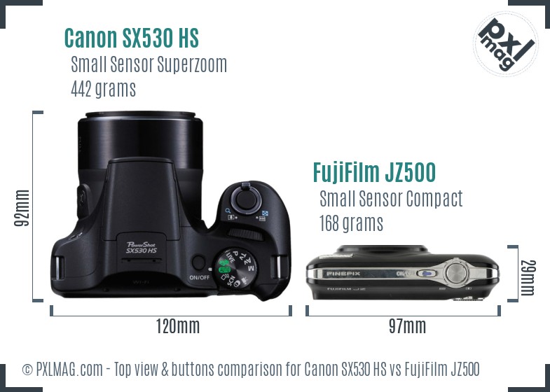 Canon SX530 HS vs FujiFilm JZ500 top view buttons comparison