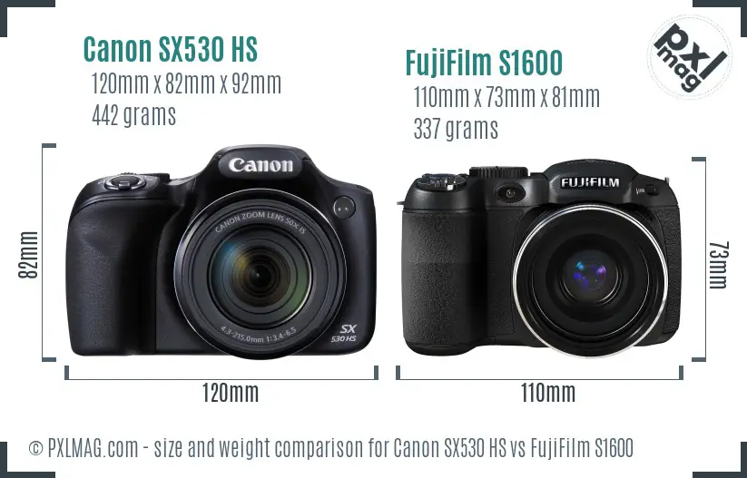 Canon SX530 HS vs FujiFilm S1600 size comparison
