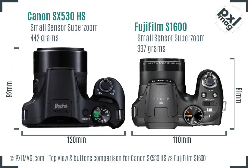 Canon SX530 HS vs FujiFilm S1600 top view buttons comparison