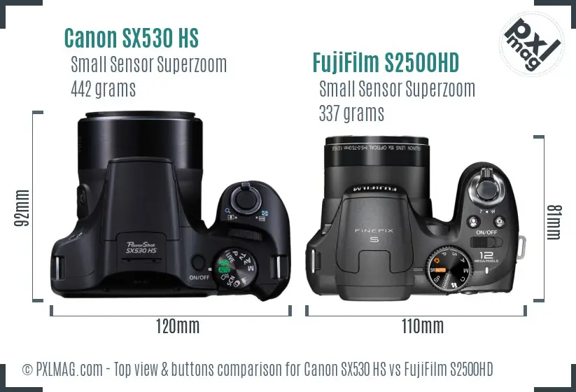 Canon SX530 HS vs FujiFilm S2500HD top view buttons comparison