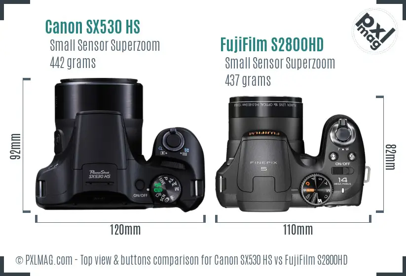 Canon SX530 HS vs FujiFilm S2800HD top view buttons comparison