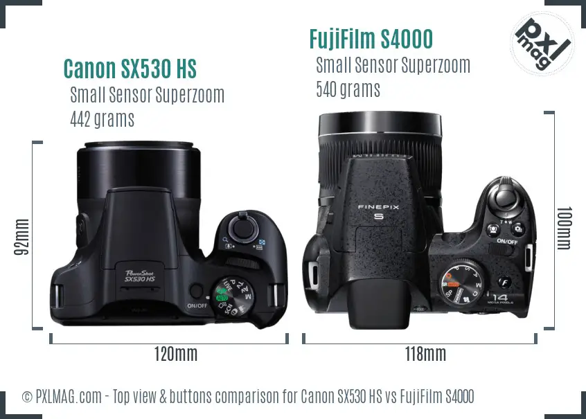 Canon SX530 HS vs FujiFilm S4000 top view buttons comparison
