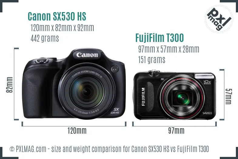 Canon SX530 HS vs FujiFilm T300 size comparison