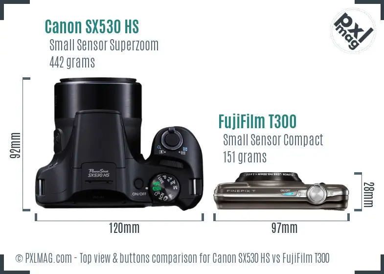 Canon SX530 HS vs FujiFilm T300 top view buttons comparison