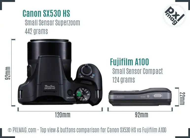 Canon SX530 HS vs Fujifilm A100 top view buttons comparison Canon SX530 HS vs Fujifilm A100 top view buttons comparison