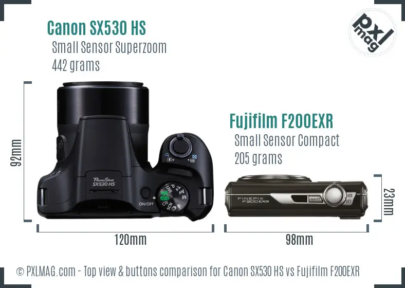 Canon SX530 HS vs Fujifilm F200EXR top view buttons comparison Canon SX530 HS vs Fujifilm F200EXR top view buttons comparison