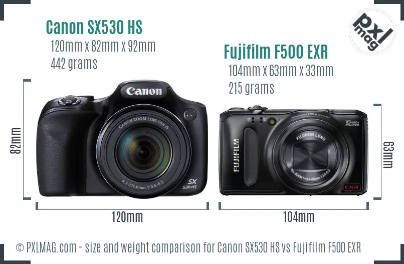 Canon SX530 HS vs Fujifilm F500 EXR size comparison