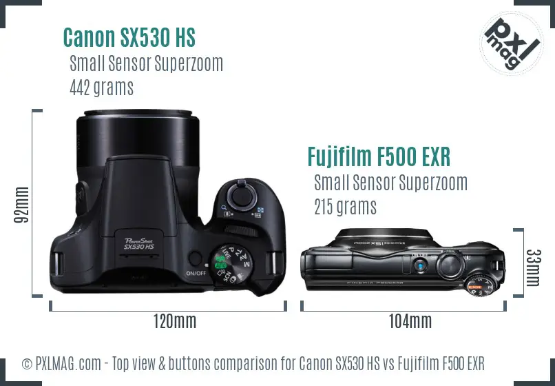 Canon SX530 HS vs Fujifilm F500 EXR top view buttons comparison