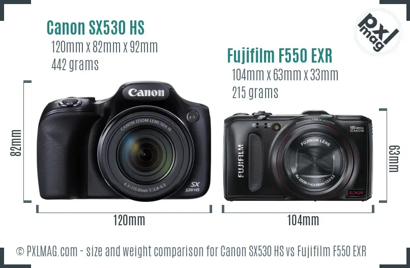 Canon SX530 HS vs Fujifilm F550 EXR size comparison