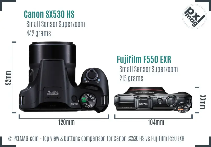 Canon SX530 HS vs Fujifilm F550 EXR top view buttons comparison