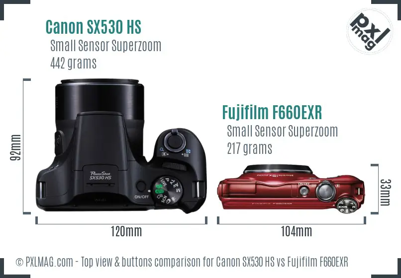 Canon SX530 HS vs Fujifilm F660EXR top view buttons comparison Canon SX530 HS vs Fujifilm F660EXR top view buttons comparison