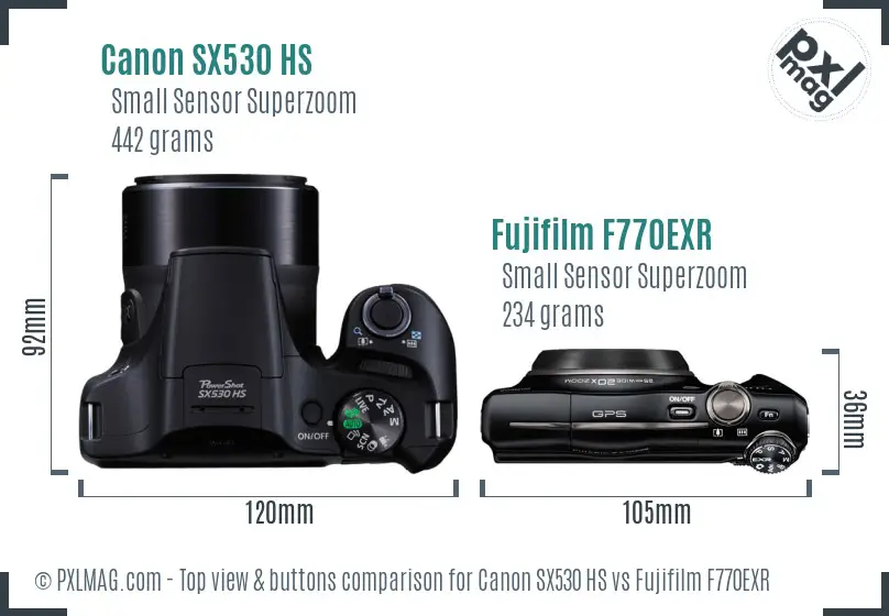 Canon SX530 HS vs Fujifilm F770EXR top view buttons comparison